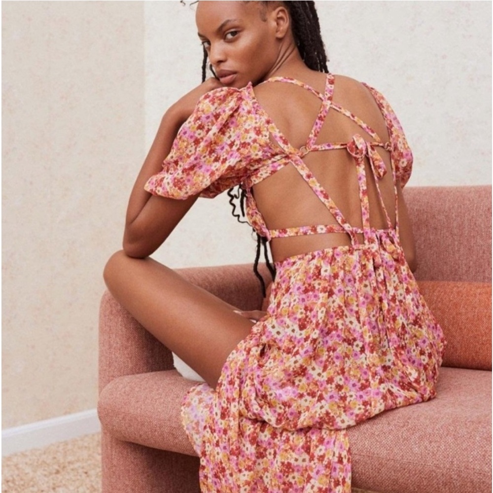For Love and Lemons Felicia midi dress open back and puff sleeves